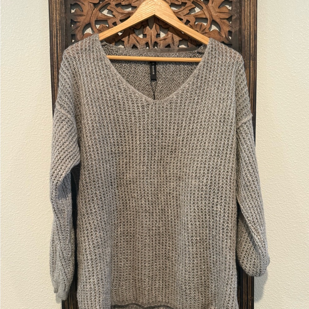 Relaxed V-Neck Knit Sweater - Gray